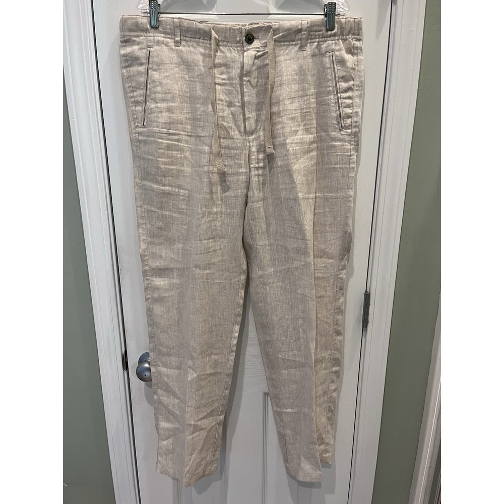 Tasso Elba Island Mens L Linen Drawstring Casual Pants Beige Coastal Beach Light